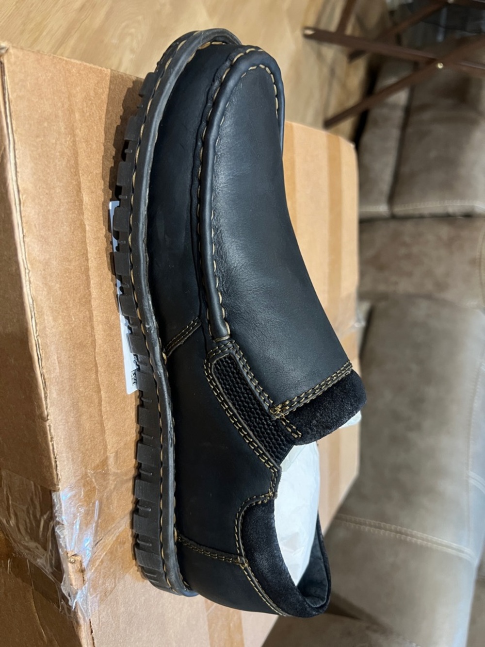 Born Black Leather Slip-On Loafer with Contrast Stitching